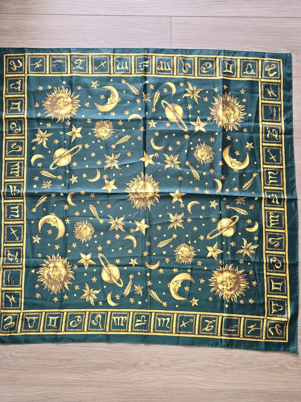 Celestial Zodiac Scarf Green Gold Sun Moon Stars Astrology Square